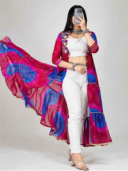 Multicolor Pure Faux Georgette Printed With Gotta Patti Mirror Work Navratri Kurti Top
