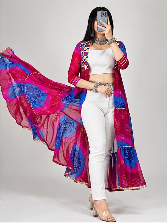 Multicolor Pure Faux Georgette Printed With Gotta Patti Mirror Work Navratri Kurti Top