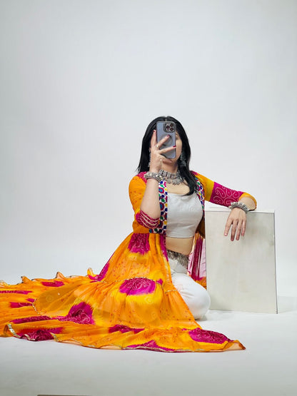 Multicolor Pure Faux Georgette Printed With Gotta Patti Mirror Work Navratri Kurti Top