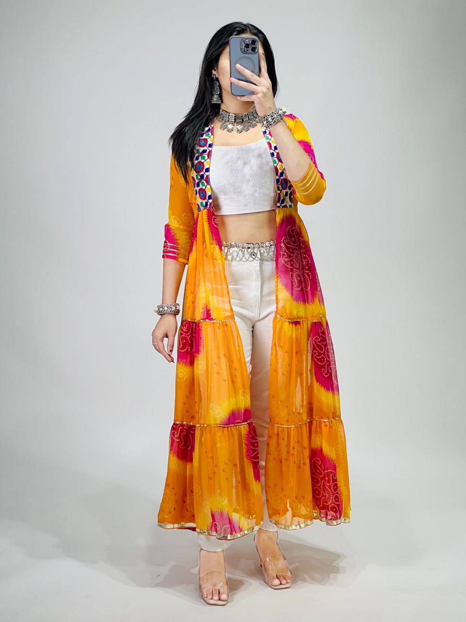 Multicolor Pure Faux Georgette Printed With Gotta Patti Mirror Work Navratri Kurti Top