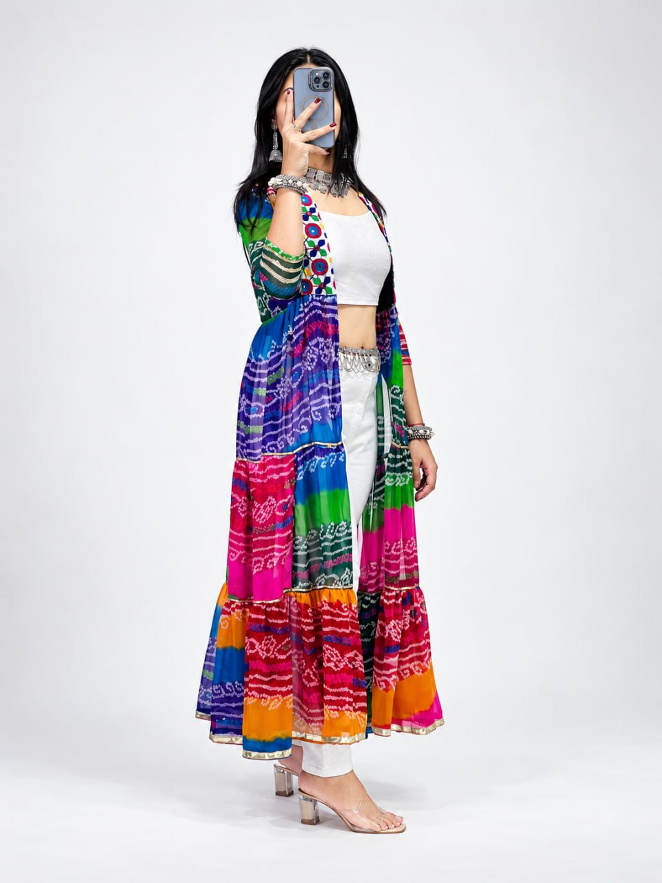 Multicolor Pure Faux Georgette Printed With Gotta Patti Mirror Work Navratri Kurti Top