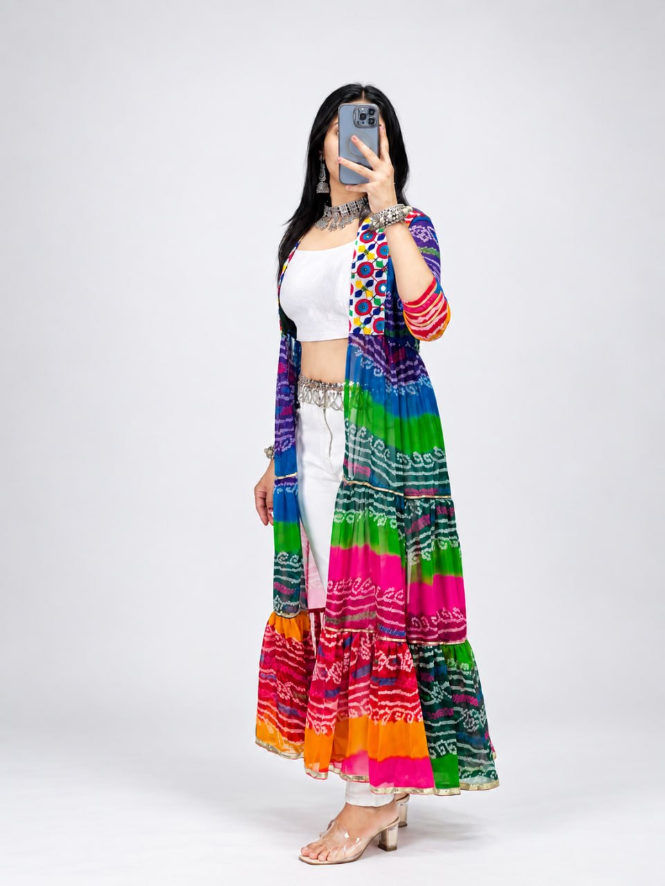 Multicolor Pure Faux Georgette Printed With Gotta Patti Mirror Work Navratri Kurti Top