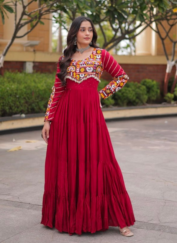 Maroon Pure Reyon Cotton Gamthi Embroidery Work Anarkali Long Gown