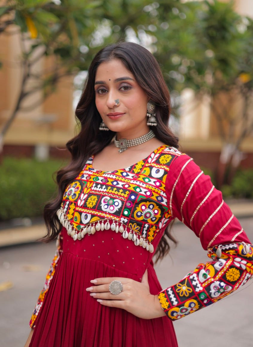 Maroon Pure Reyon Cotton Gamthi Embroidery Work Anarkali Long Gown