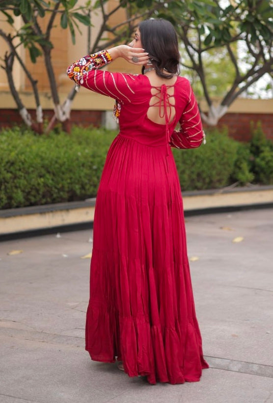 Maroon Pure Reyon Cotton Gamthi Embroidery Work Anarkali Long Gown