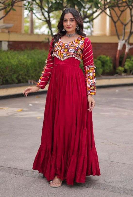 Maroon Pure Reyon Cotton Gamthi Embroidery Work Anarkali Long Gown