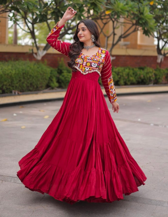 Maroon Pure Reyon Cotton Gamthi Embroidery Work Anarkali Long Gown