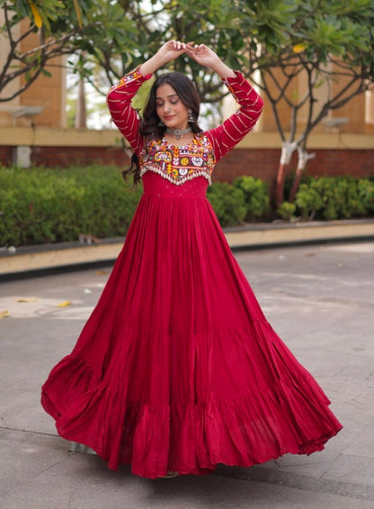 Maroon Pure Reyon Cotton Gamthi Embroidery Work Anarkali Long Gown