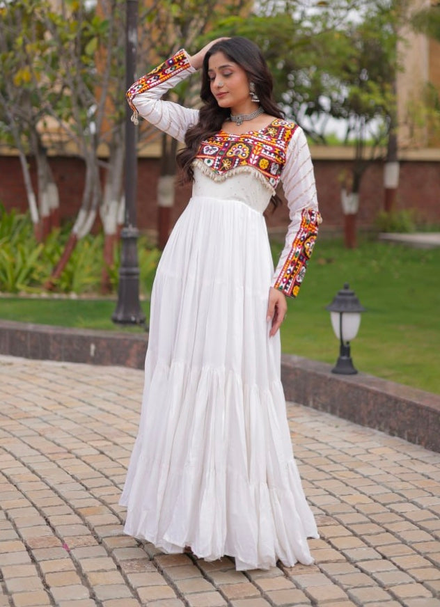 White Pure Reyon Cotton Gamthi Embroidery Work Anarkali Long Gown