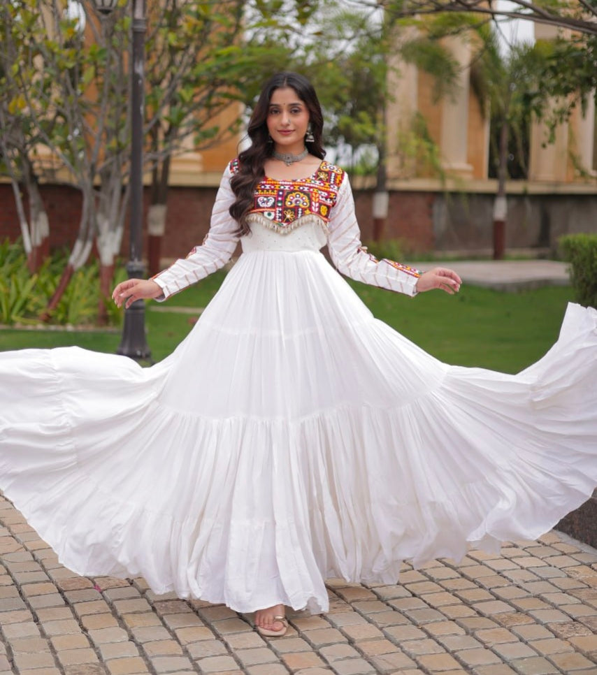 White Pure Reyon Cotton Gamthi Embroidery Work Anarkali Long Gown