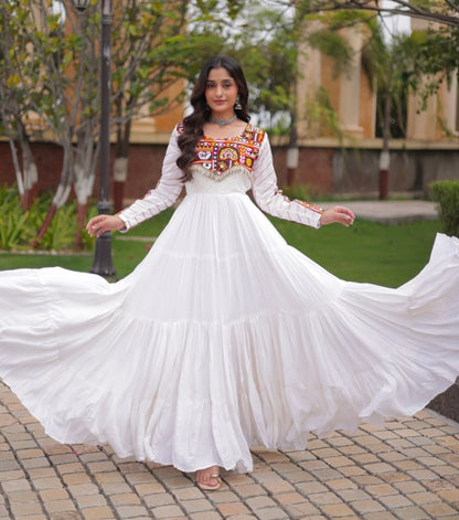 White Pure Reyon Cotton Gamthi Embroidery Work Anarkali Long Gown