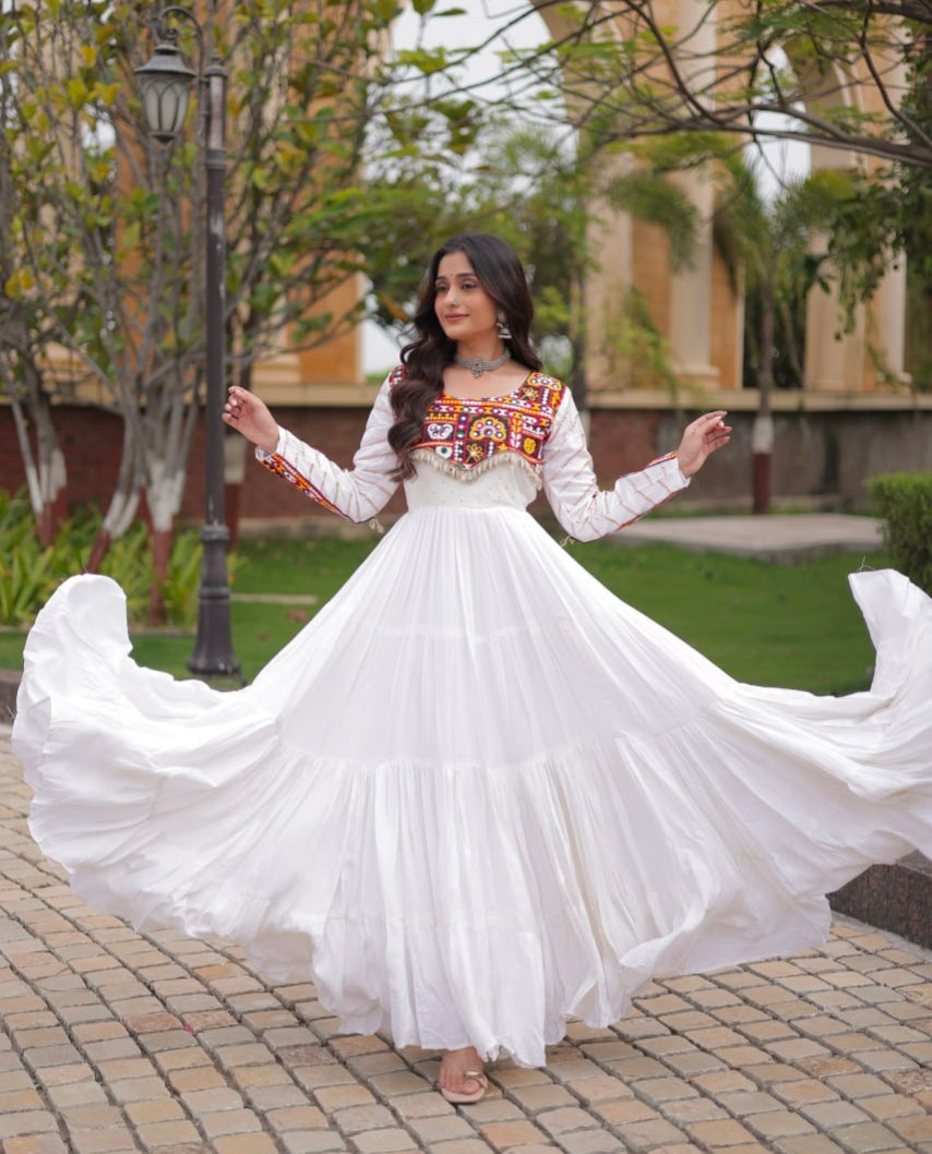 White Pure Reyon Cotton Gamthi Embroidery Work Anarkali Long Gown