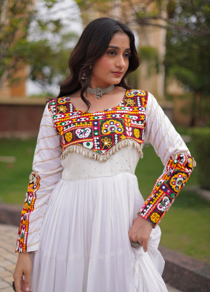 White Pure Reyon Cotton Gamthi Embroidery Work Anarkali Long Gown