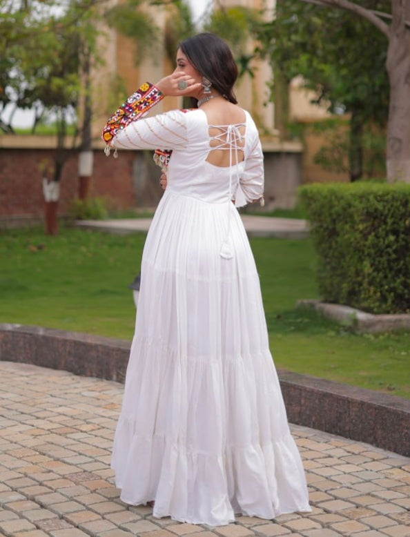 White Pure Reyon Cotton Gamthi Embroidery Work Anarkali Long Gown