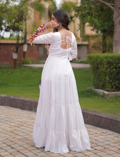 White Pure Reyon Cotton Gamthi Embroidery Work Anarkali Long Gown