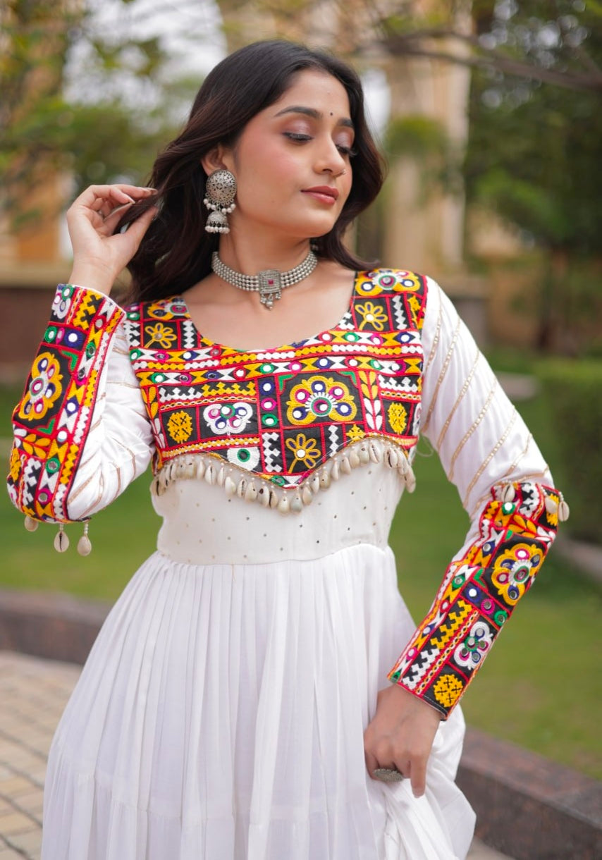 White Pure Reyon Cotton Gamthi Embroidery Work Anarkali Long Gown