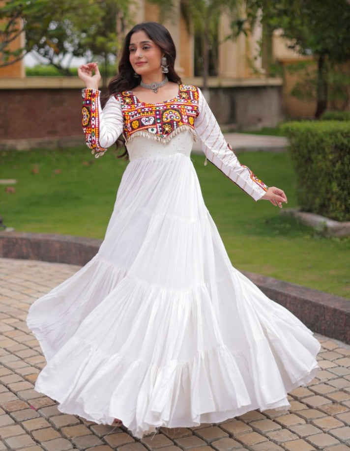 White Pure Reyon Cotton Gamthi Embroidery Work Anarkali Long Gown