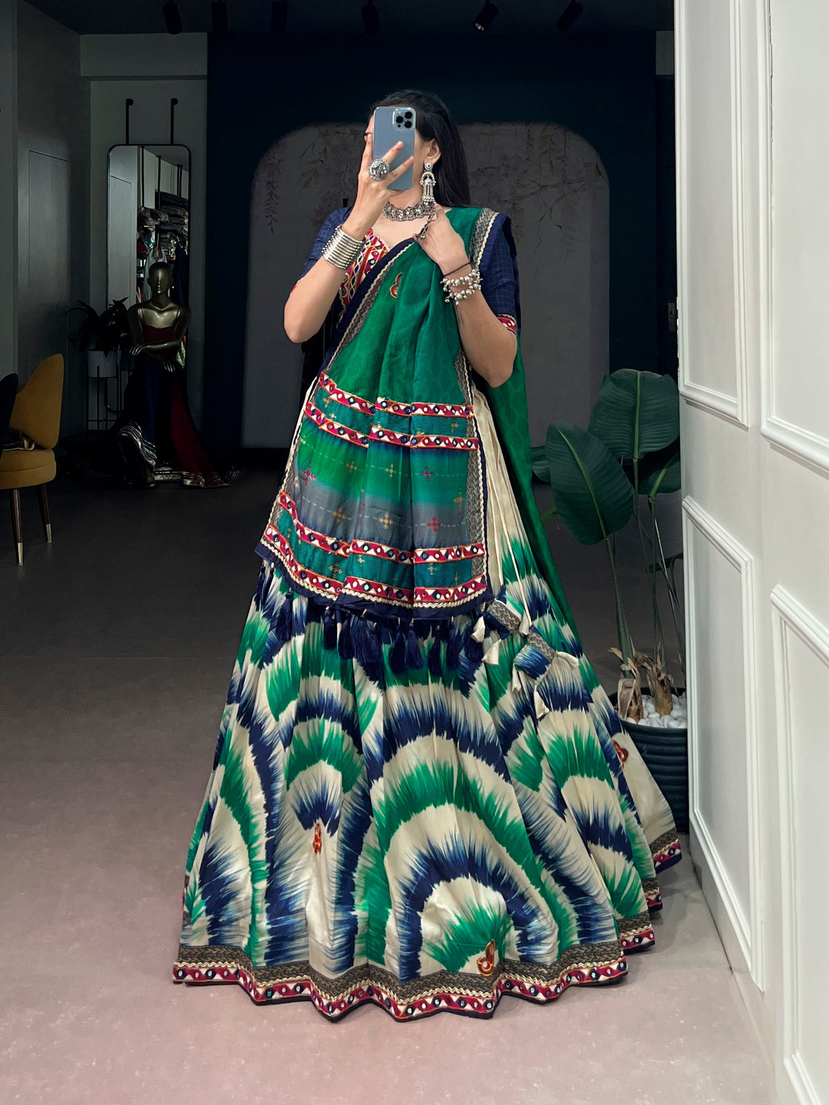 Navy Blue Pure Tasar Silk Gamthi Work Navratri Lehenga Choli
