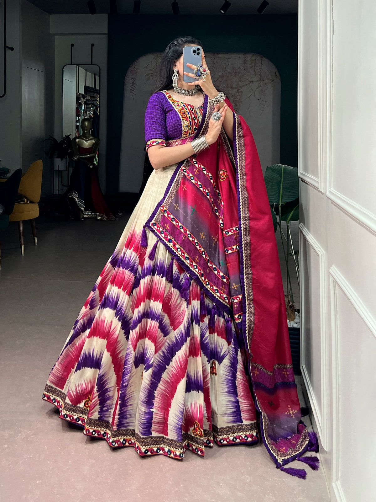 Purple Pure Tasar Silk Gamthi Work Navratri Lehenga Choli