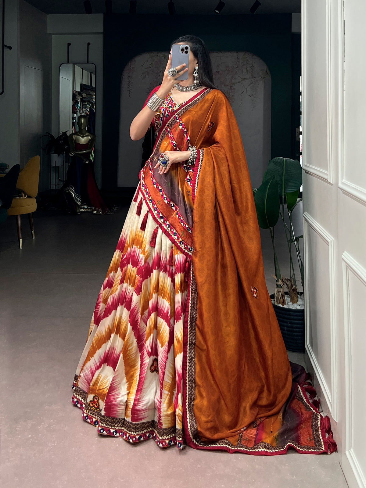 Red Pure Tasar Silk Gamthi Work Navratri Lehenga Choli
