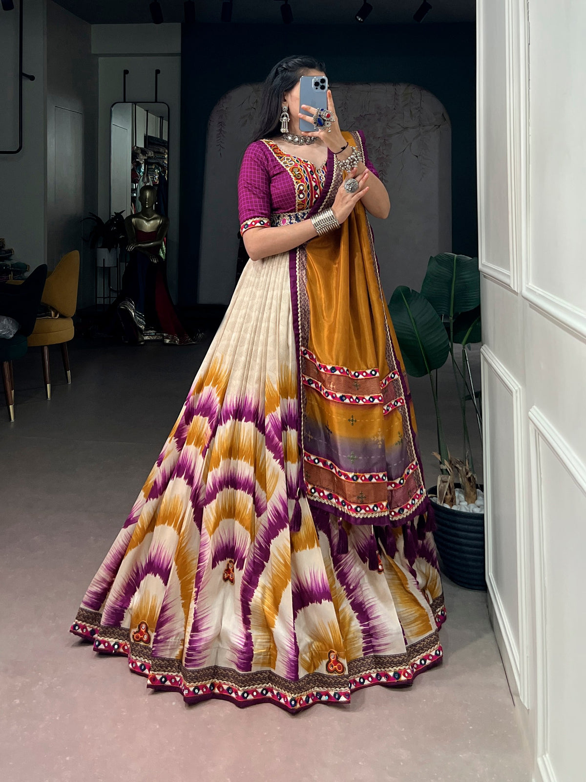 Wine Pure Tasar Silk Gamthi Work Navratri Lehenga Choli