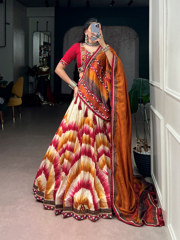 Red Pure Tasar Silk Gamthi Work Navratri Lehenga Choli