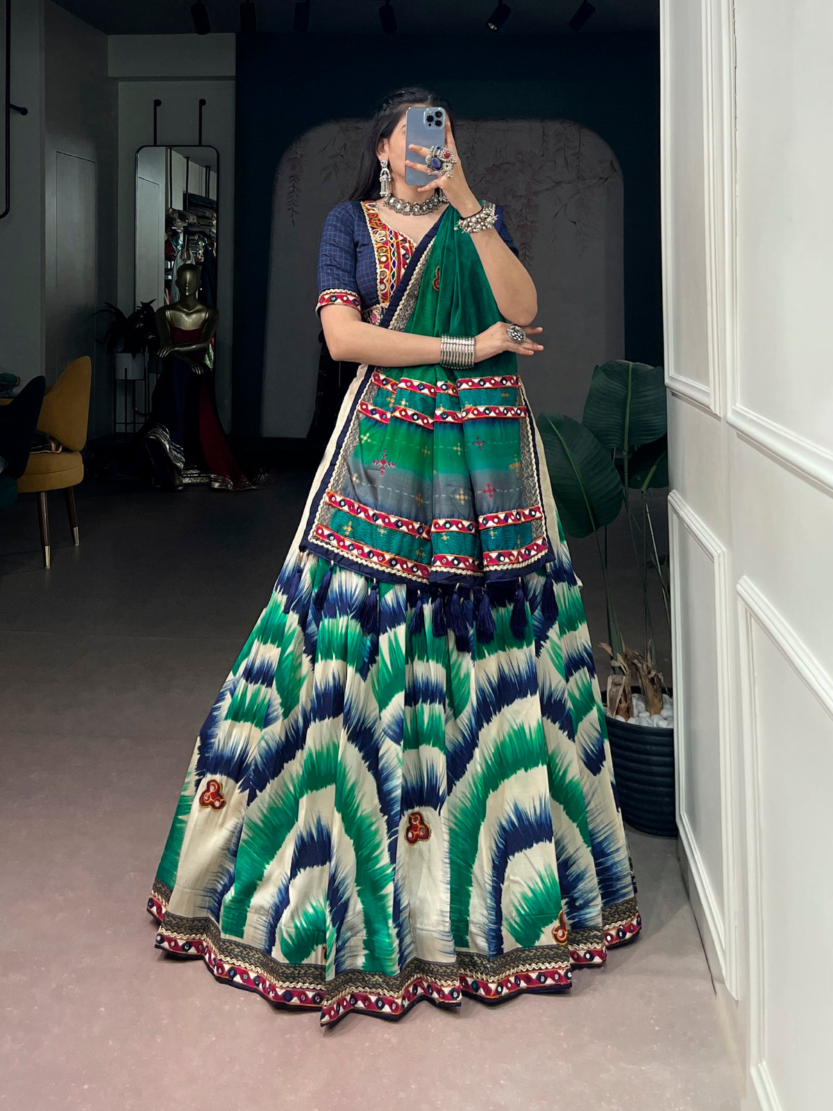 Navy Blue Pure Tasar Silk Gamthi Work Navratri Lehenga Choli