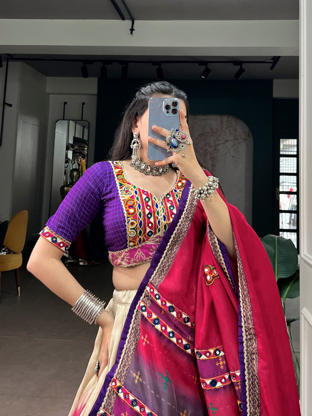 Purple Pure Tasar Silk Gamthi Work Navratri Lehenga Choli