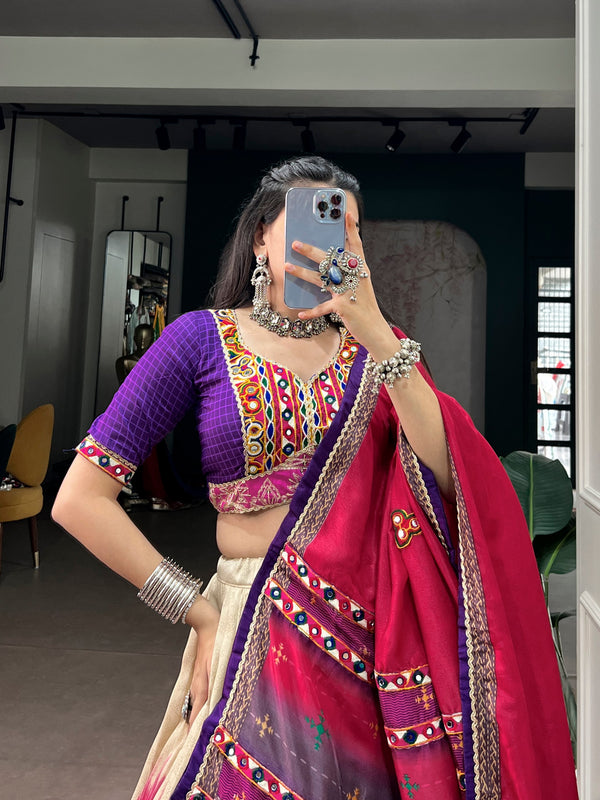 Purple Pure Tasar Silk Gamthi Work Navratri Lehenga Choli