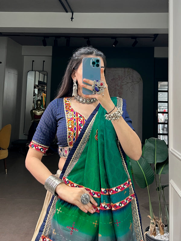 Navy Blue Pure Tasar Silk Gamthi Work Navratri Lehenga Choli