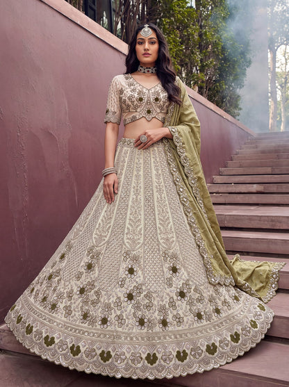 Pista Pure Premium Silk Heavy Beads &amp; Motif Dori Embroidery Zari Sequins Hand Work Bridal Lehenga Choli