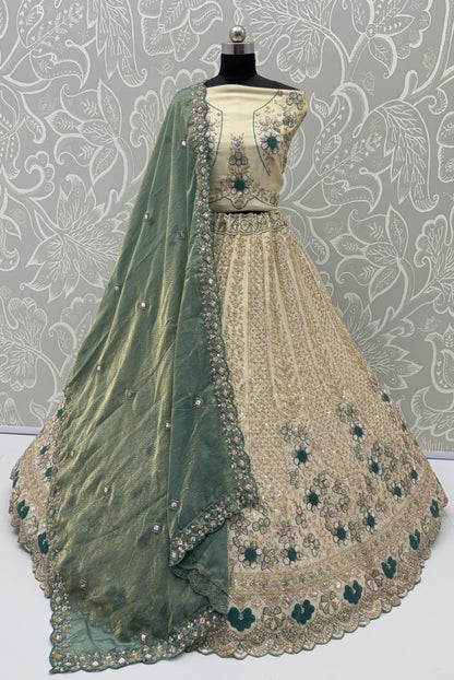 Pista Pure Premium Silk Heavy Beads &amp; Motif Dori Embroidery Zari Sequins Hand Work Bridal Lehenga Choli
