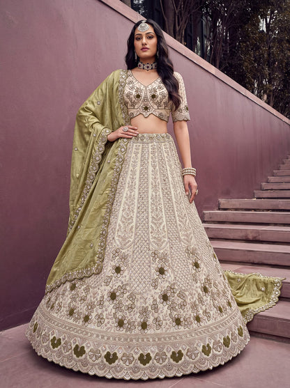 Pista Pure Premium Silk Heavy Beads &amp; Motif Dori Embroidery Zari Sequins Hand Work Bridal Lehenga Choli