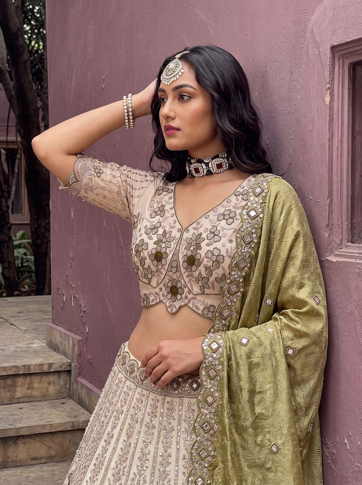 Pista Pure Premium Silk Heavy Beads &amp; Motif Dori Embroidery Zari Sequins Hand Work Bridal Lehenga Choli