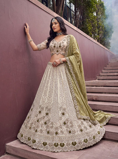 Pista Pure Premium Silk Heavy Beads &amp; Motif Dori Embroidery Zari Sequins Hand Work Bridal Lehenga Choli