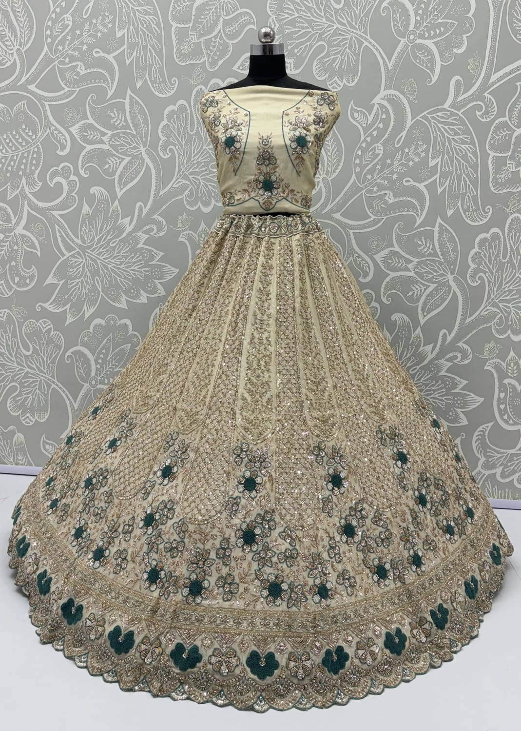 Pista Pure Premium Silk Heavy Beads &amp; Motif Dori Embroidery Zari Sequins Hand Work Bridal Lehenga Choli