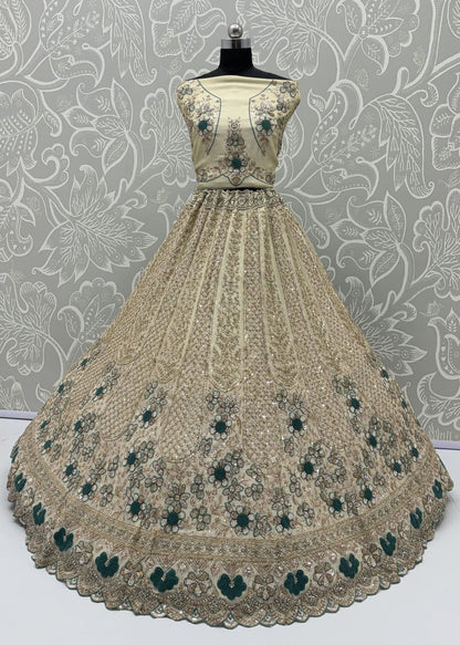 Pista Pure Premium Silk Heavy Beads &amp; Motif Dori Embroidery Zari Sequins Hand Work Bridal Lehenga Choli