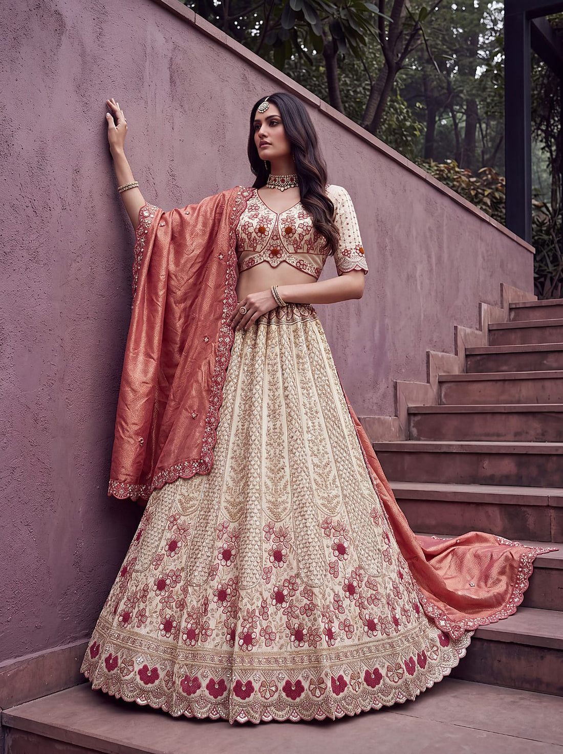 Peach Pure Premium Silk Heavy Beads &amp; Motif Dori Embroidery Zari Sequins Hand Work Bridal Lehenga Choli