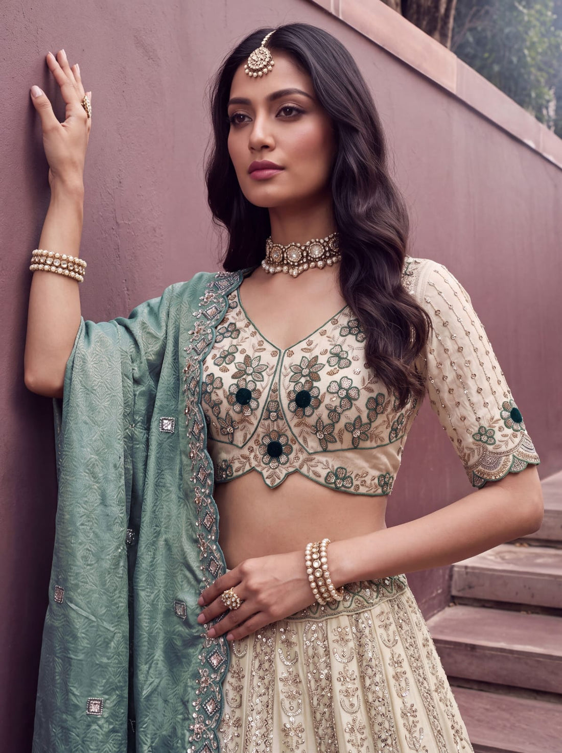 Teal Blue Pure Premium Silk Heavy Beads &amp; Motif Dori Embroidery Zari Sequins Hand Work Bridal Lehenga Choli