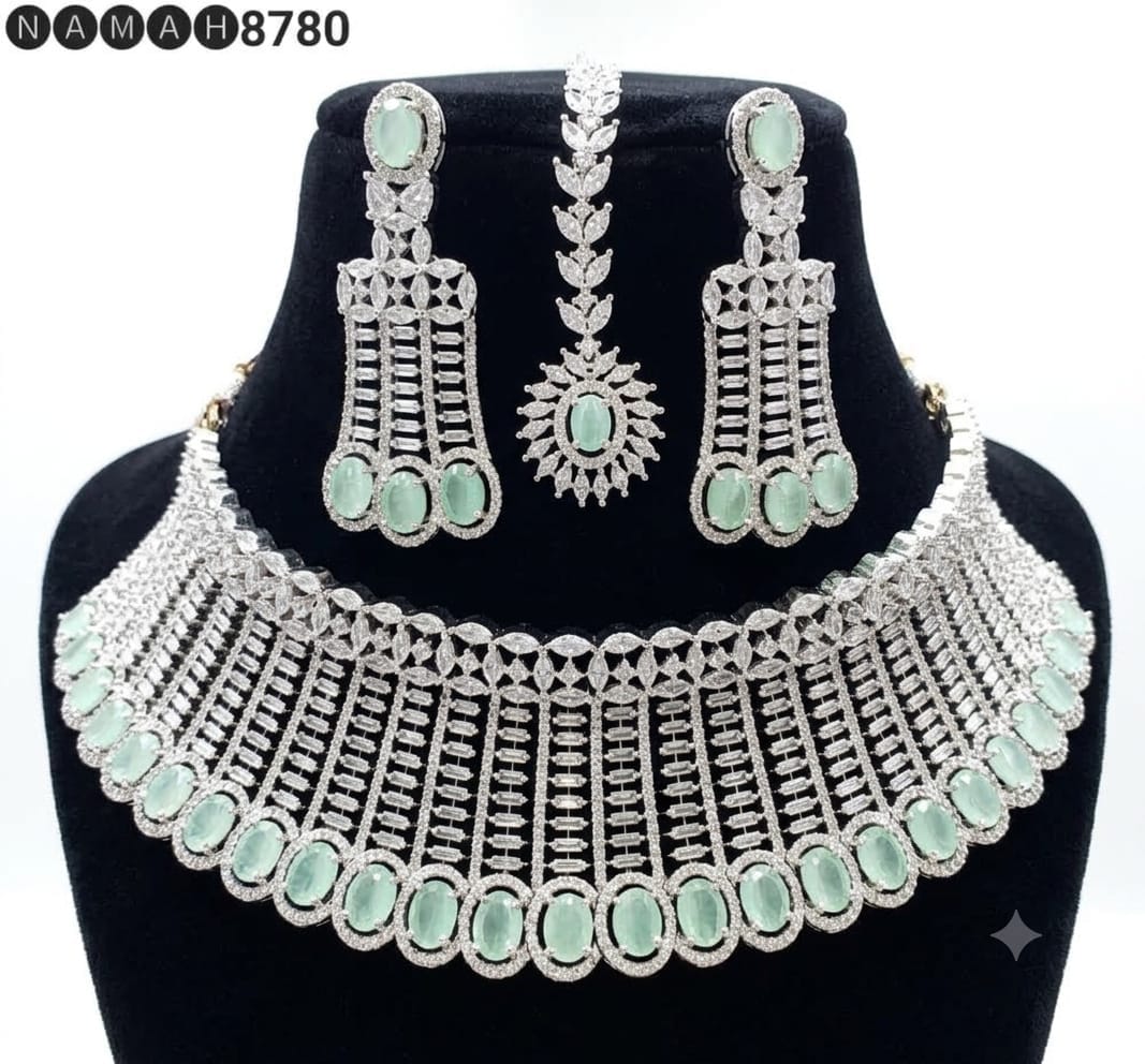 Mint American Diamond Taj Mahal Design Necklace Jewellery Set