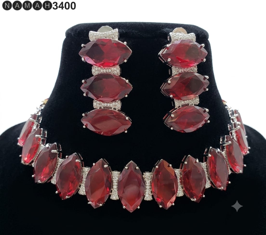 Red American Diamond Design Necklace Jewellery Set