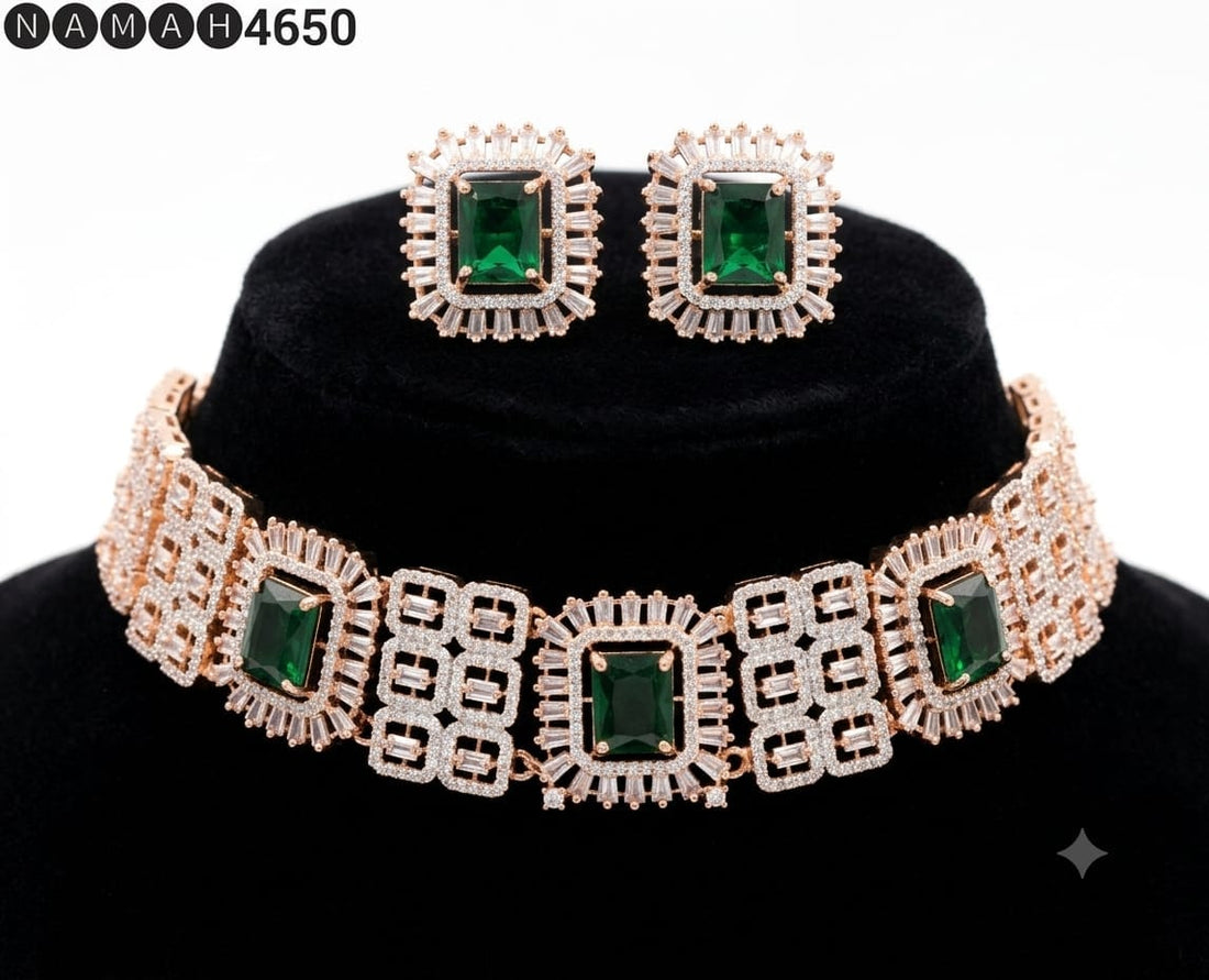 Green American Diamond Design Necklace Jewellery Set