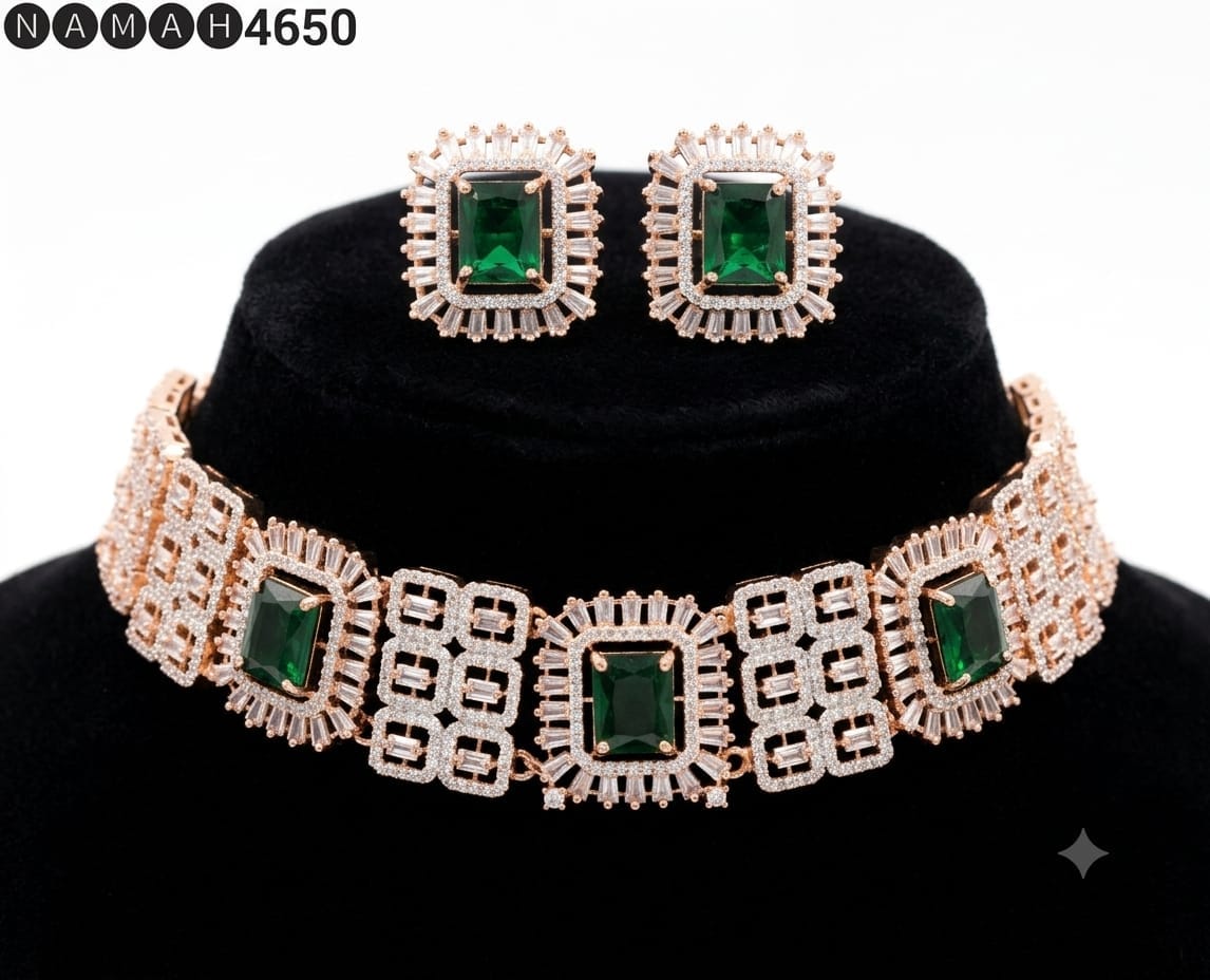 Green American Diamond Design Necklace Jewellery Set