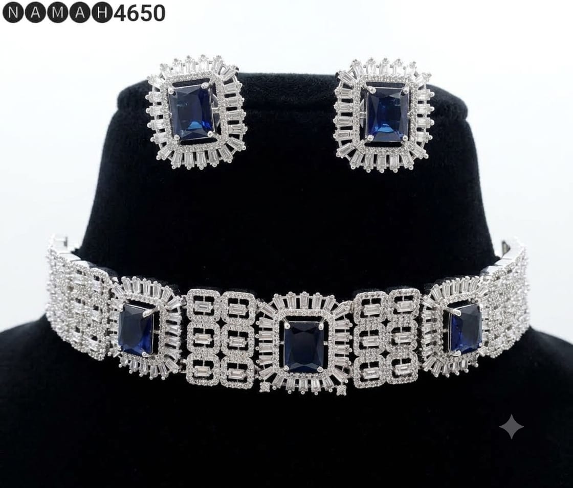 Blue American Diamond Design Necklace Jewellery Set