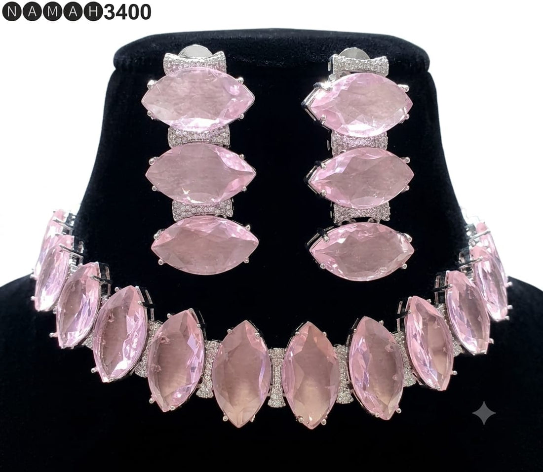 Pink American Diamond Design Necklace Jewellery Set