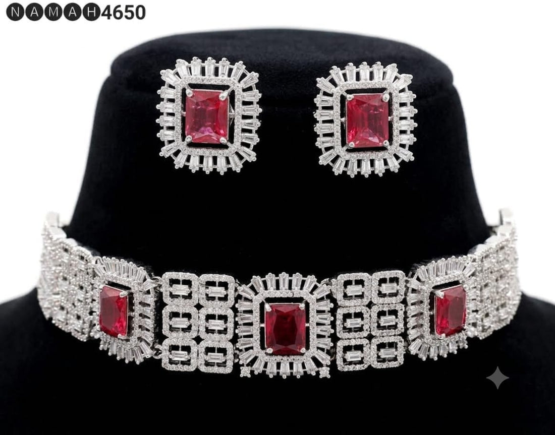 Red American Diamond Design Necklace Jewellery Set