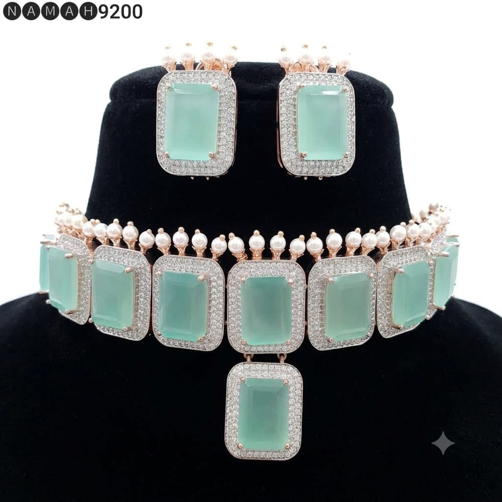 Mint Green American Diamond Design Necklace Jewellery Set