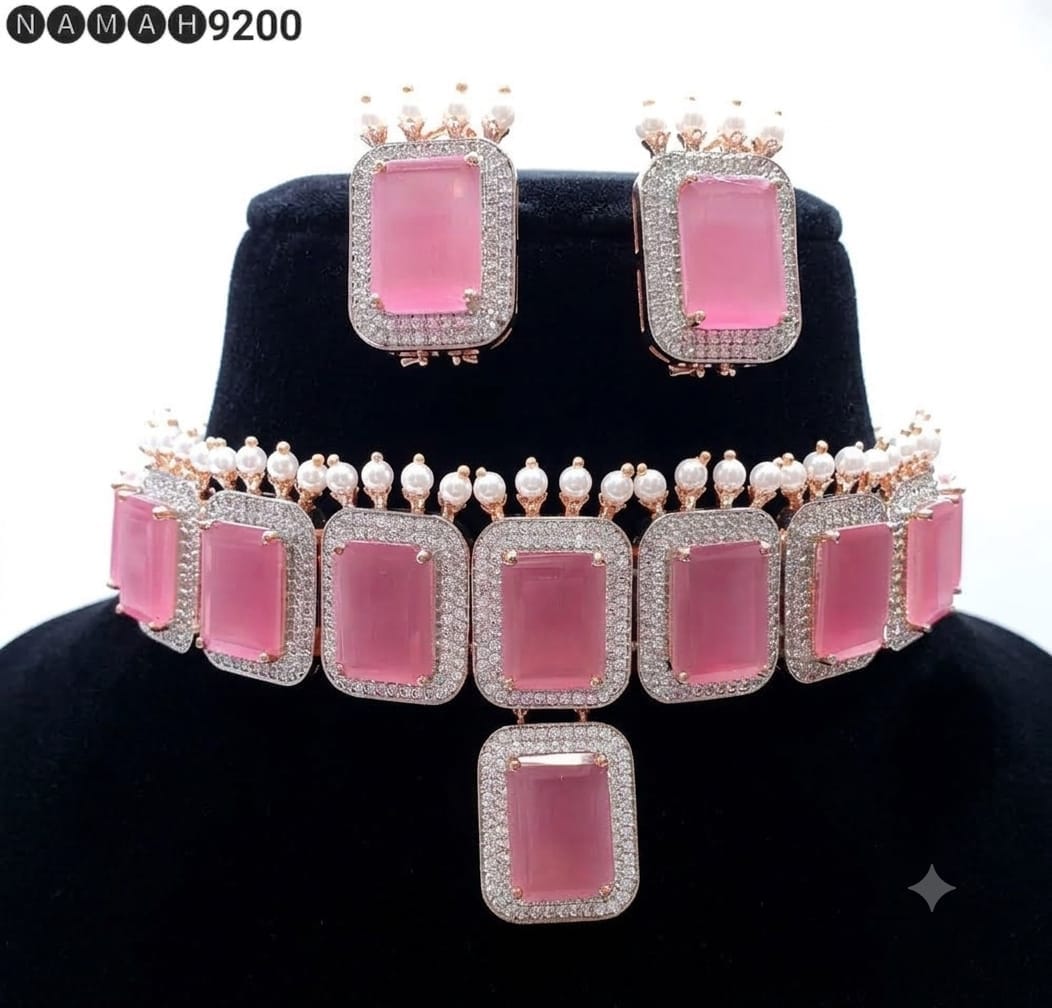 Pink American Diamond Design Necklace Jewellery Set