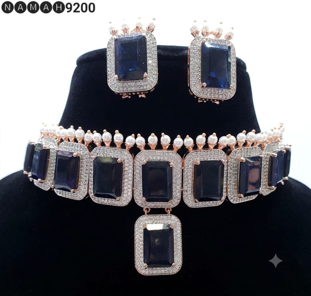 Blue American Diamond Design Necklace Jewellery Set