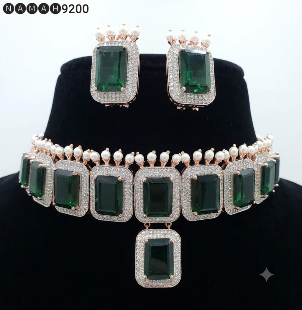 Green American Diamond Design Necklace Jewellery Set